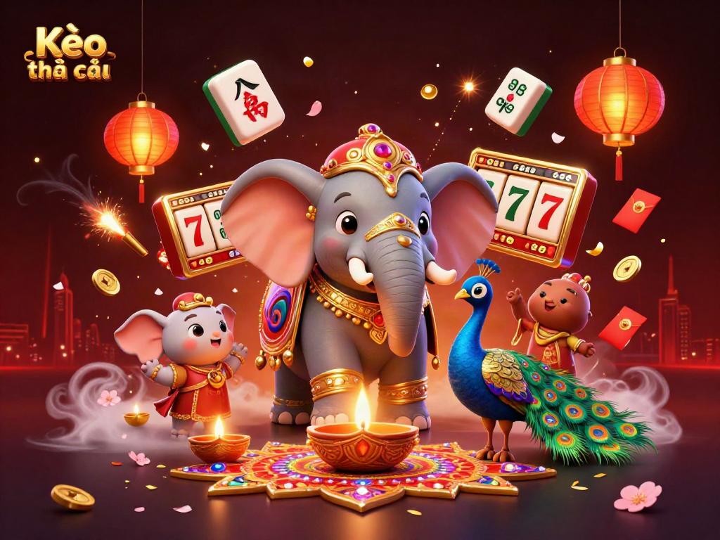 Kèo nhà cái presents vibrant 3D casino scene with elephant, peacock, slot machines, and festive decorations