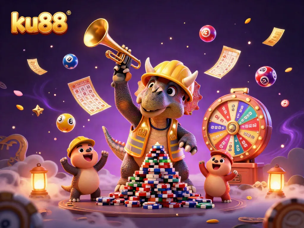 ku88 casino characters building excitement with poker chips and colorful lottery elements.