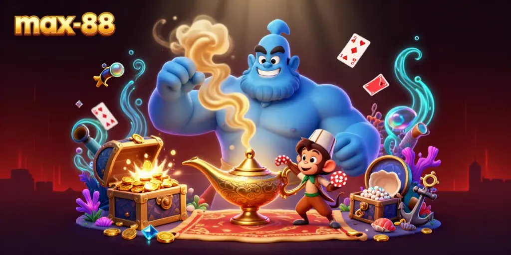 Win big with max-88 at this vibrant casino scene featuring a genie and poker chips.