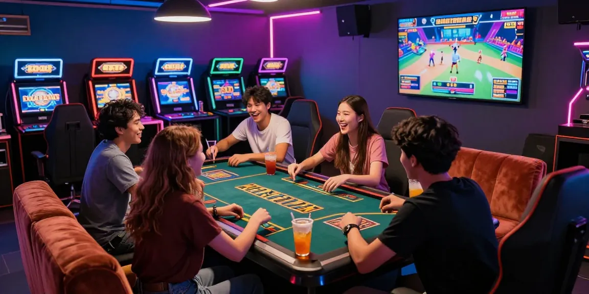 Group enjoying bandar slot games in a lively gaming lounge.