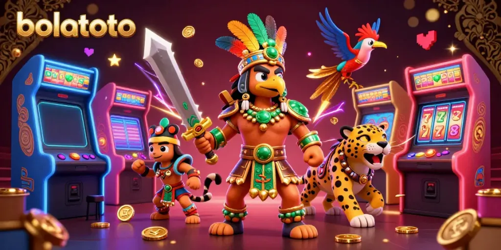Engage in thrilling slot games with bolatoto amid a vibrant 3D casino scene filled with dynamic characters and elements.