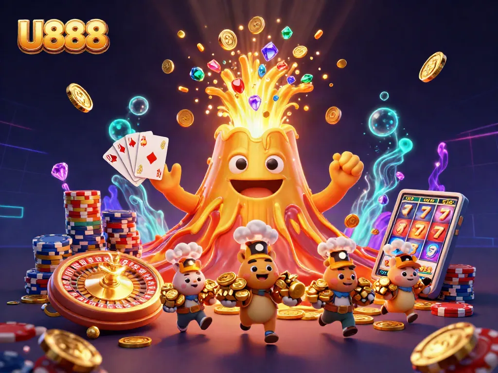 Experience excitement at U888 with sparkling gems, coins flying, and thrilling slot adventures.