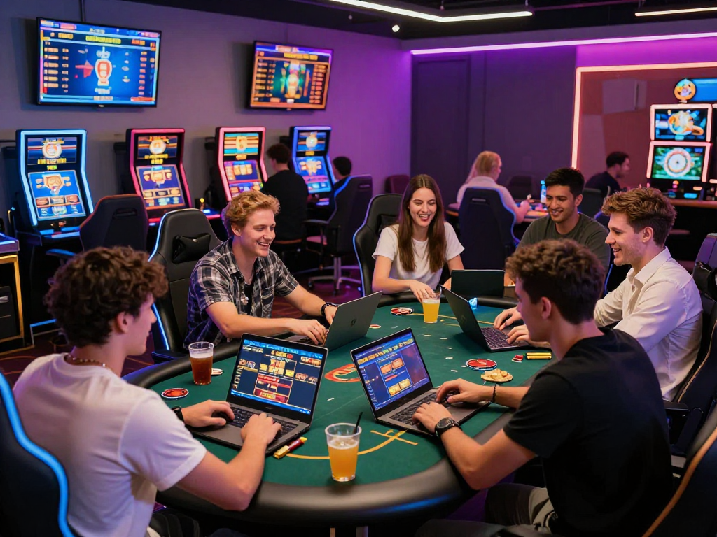 Friends enjoying rokok88 games in a lively online casino setting with vibrant atmosphere.