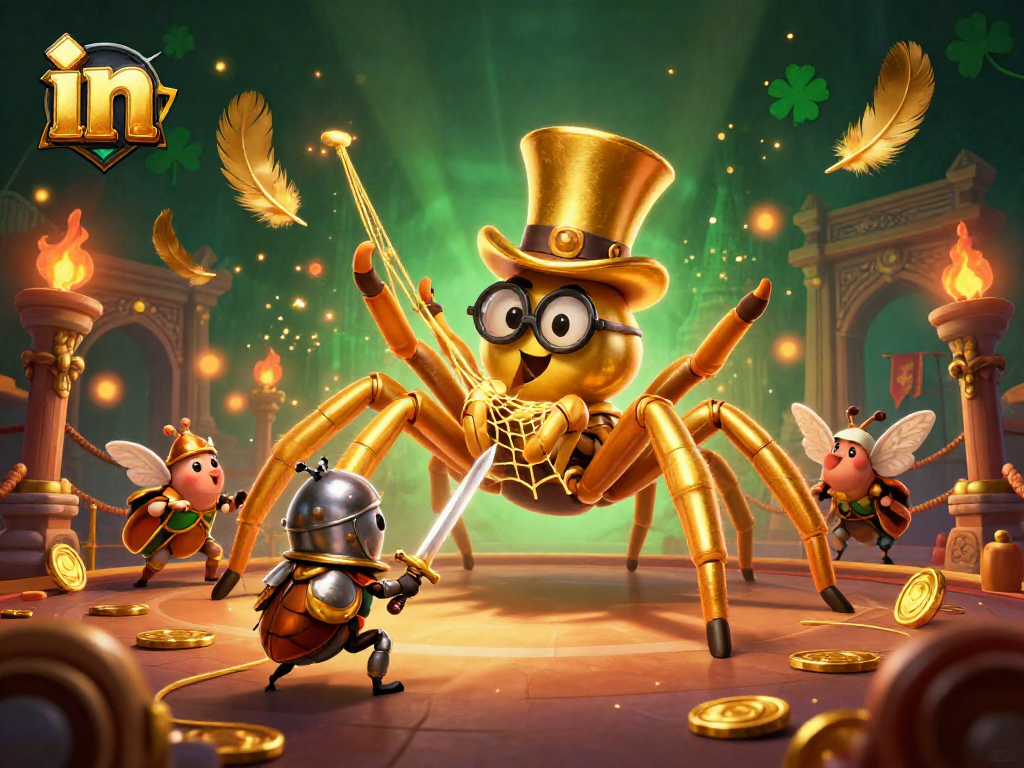 Spin the wheel in an ultra-detailed 3D scene with a golden tarantula and beetle knight.