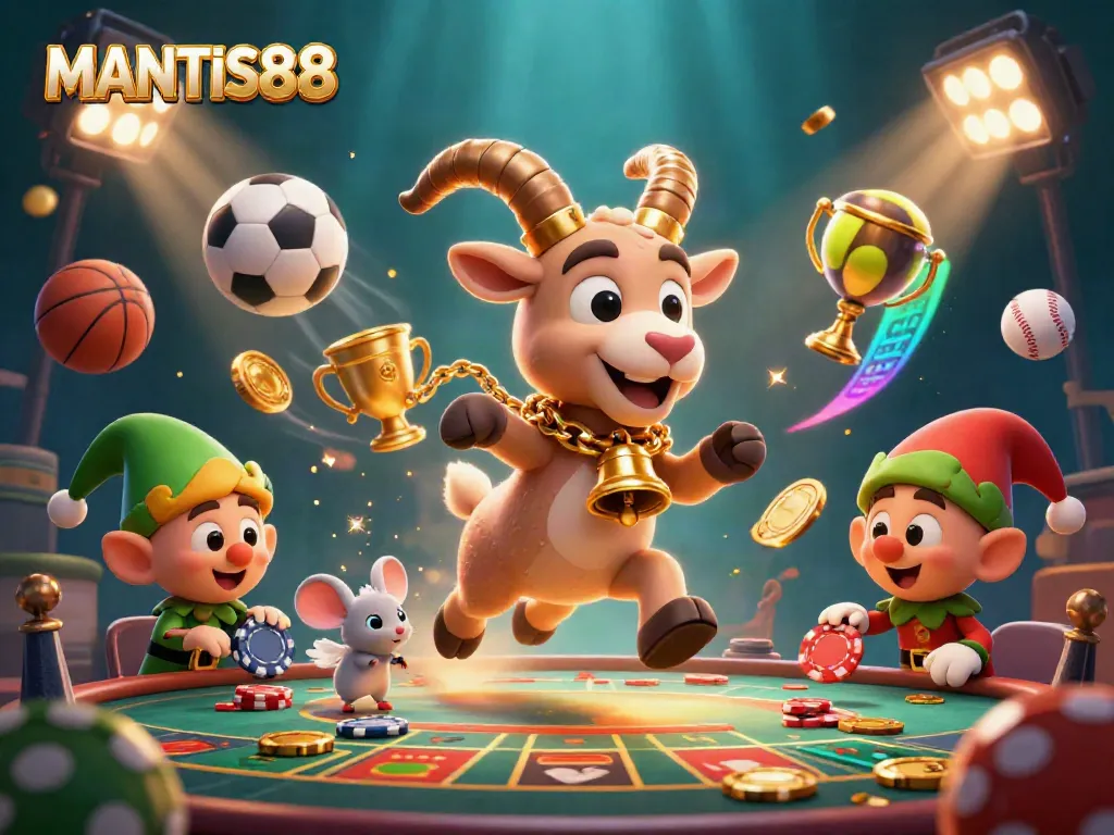 Experience MANTIS88 casino thrills with Krampus, angel mouse, and gremlins in a dynamic, festive game scene.