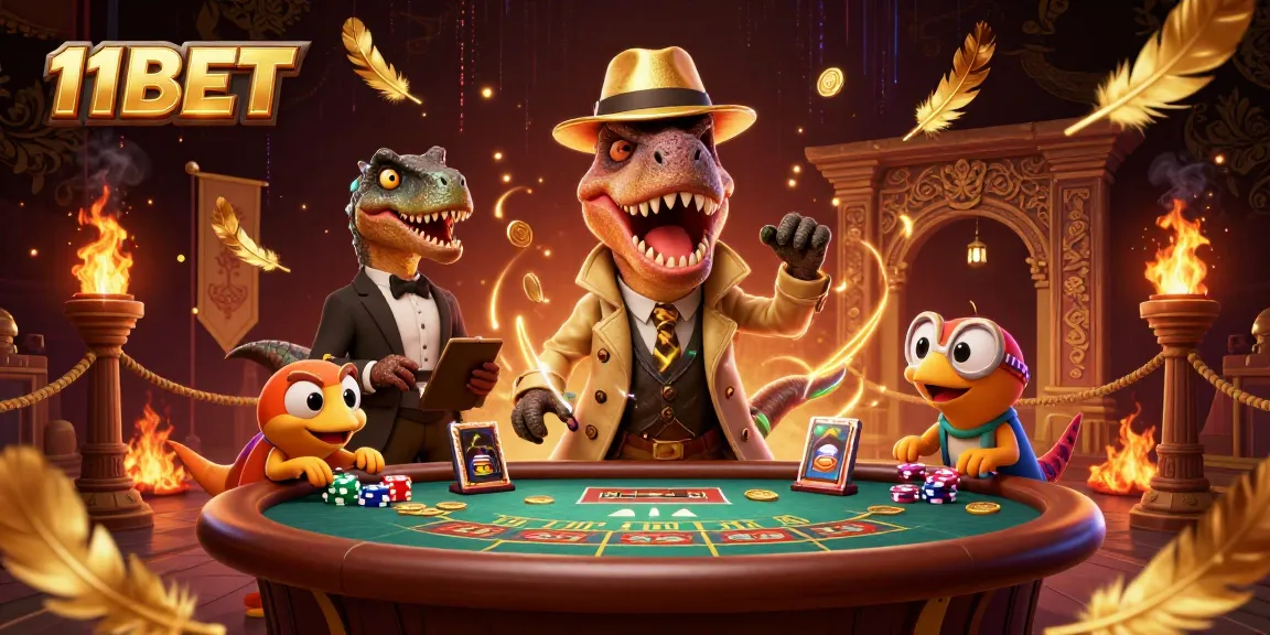 Experience the thrill of betting with 11BET featuring a cartoon velociraptor at a blackjack table.