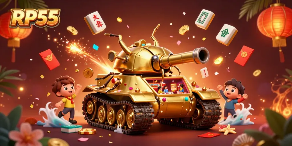 Experience the vibrant world of RP55 with an energetic 3D casino scene featuring a golden beetle tank and playful gambling elements.