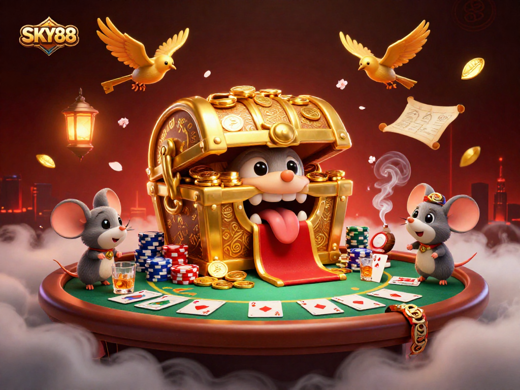 Engage in winning poker strategies and rewards at SKY88, with vibrant casino elements.