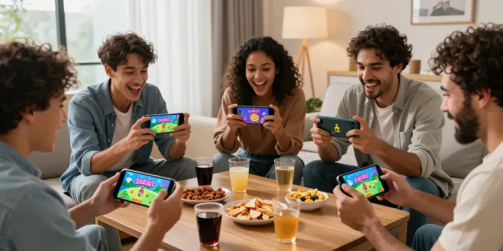 Excited friends playing 3 Patti No1 on smartphones in a cozy living room, bright and fun atmosphere.