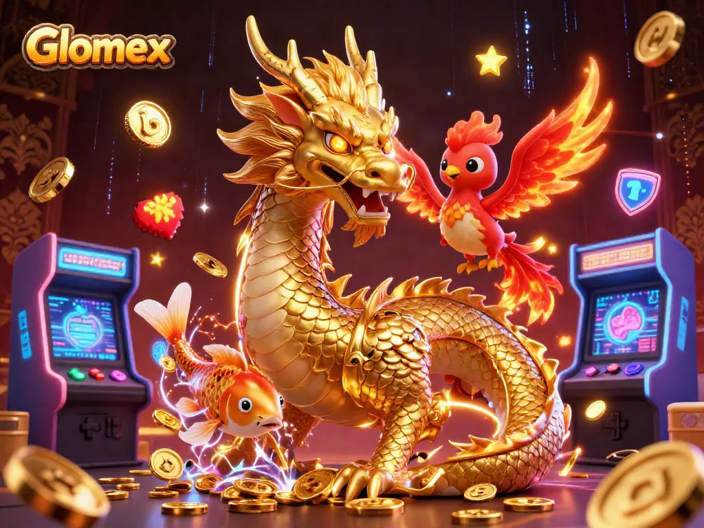 Engage in thrilling gaming action with Glomex, featuring a dynamic dragon and flaming phoenix amidst vibrant casino elements.
