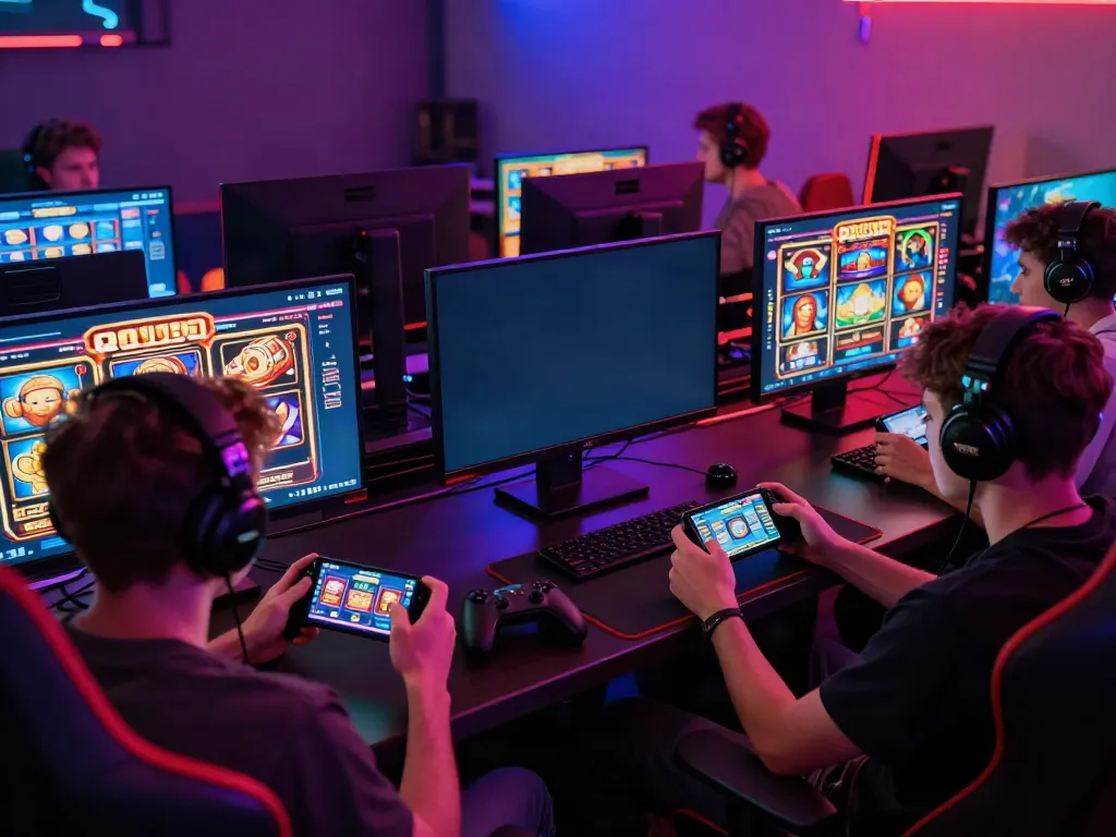 Penggemar gaming di lingkungan game online modern dengan permainan slot yang penuh warna.
