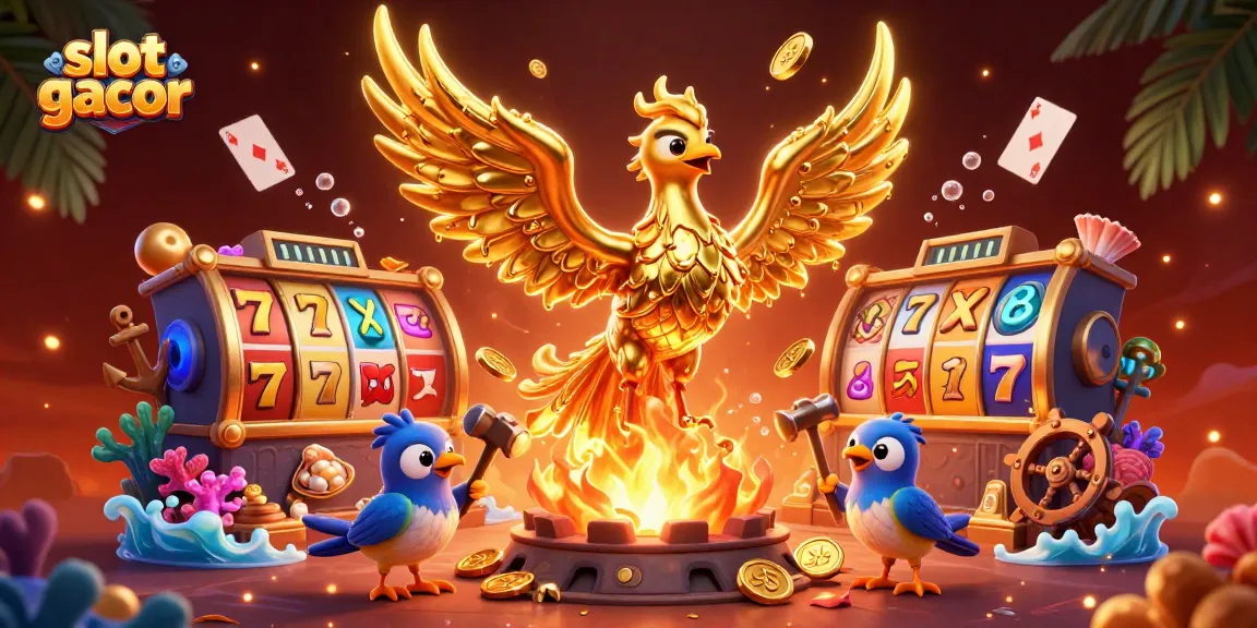 Raih kemenangan slot gacor sambil menikmati ilustrasi slot menampilkan phoenix emas dan elemen permainan menarik.