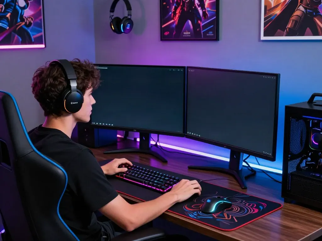 Gamer engaged with dual monitors in a high-tech gaming setup, showcasing a80 gaming experience.