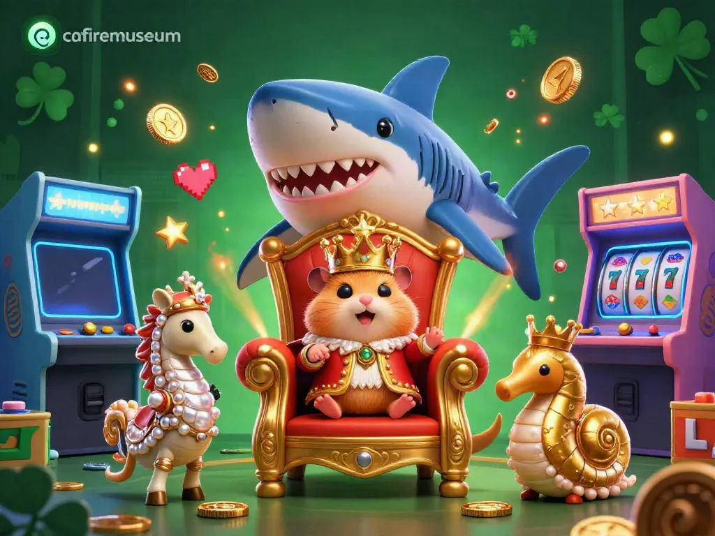 Engage with the cafiremuseum through the adventurous golden hamster king on a megalodon throne in a dynamic gaming scene.