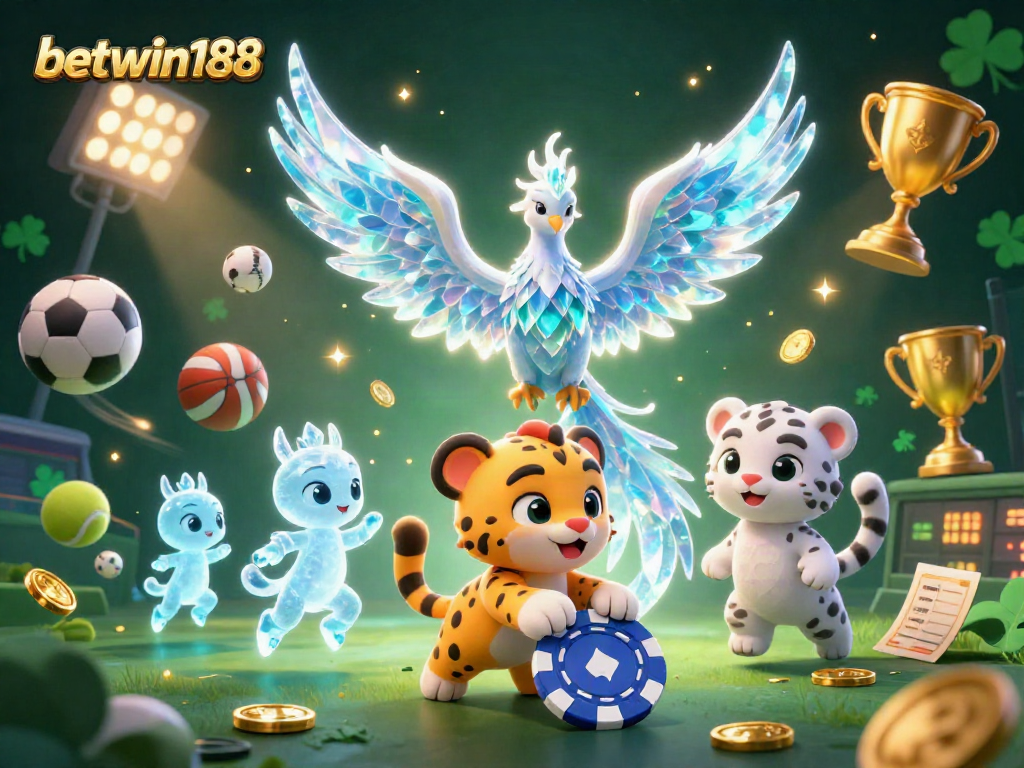 Betwin188 showcases an ice phoenix and snow leopard in a dynamic sports betting scene.