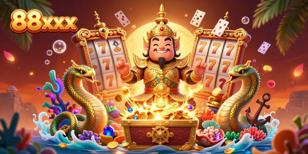Engage in thrilling slot action at 88xx with dynamic characters amidst a treasure-filled underwater scene.