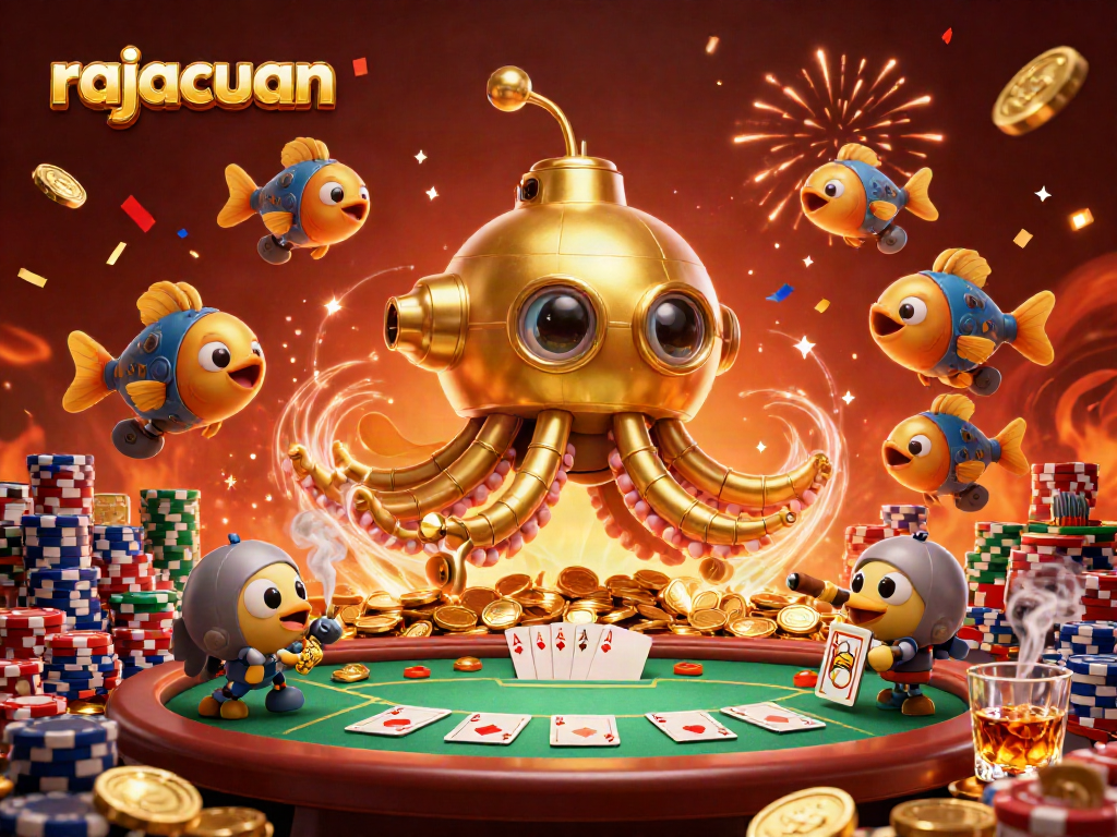 Engage with rajacuan's vibrant casino scene featuring a golden kraken submarine amid poker and celebration.