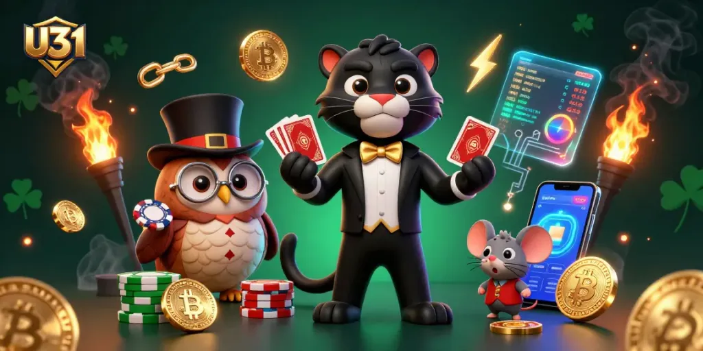 U31 casino illustration featuring a stylish panther dealing cards alongside an owl and mouse with poker chips.