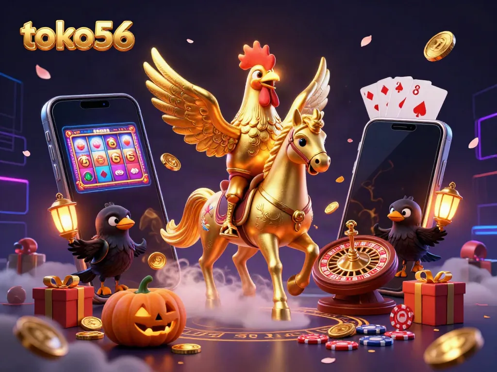 Slot permainan menarik di toko56, dengan simbol slot berwarna dan koin emas berhamburan.