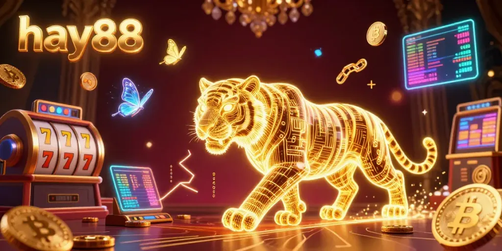 Engage with hay88’s thrilling jackpot experience illustrated by a glowing golden tiger in a vibrant digital casino.
