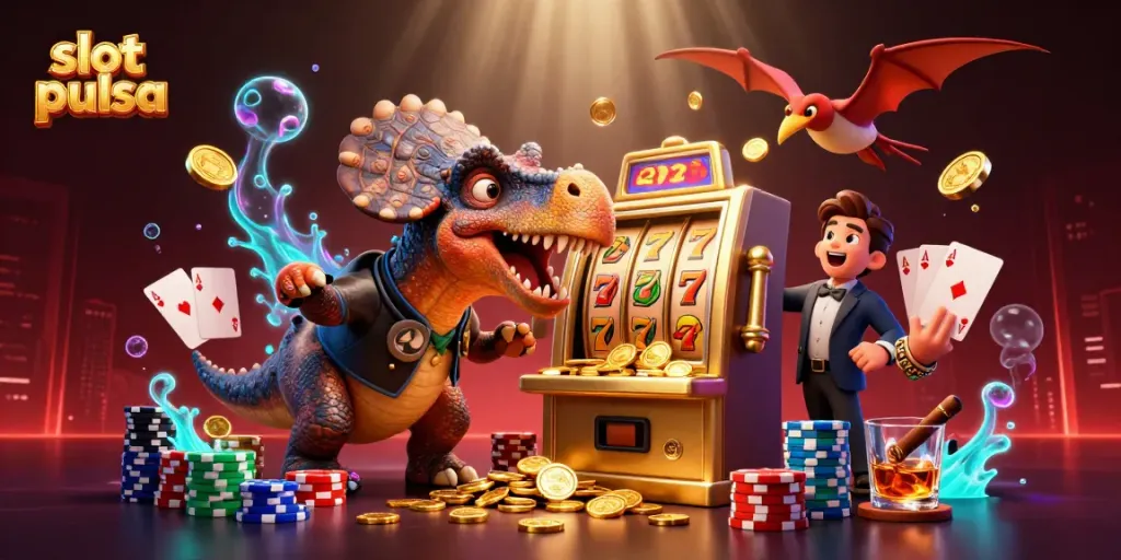 Experience thrilling wins in.slot pulsa as a dinosaur celebrates jackpot payouts in a casino scene.