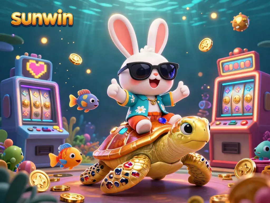 Experience thrilling wins with sunwin in this vibrant 3D casino scene featuring a lucky rabbit and golden turtle!