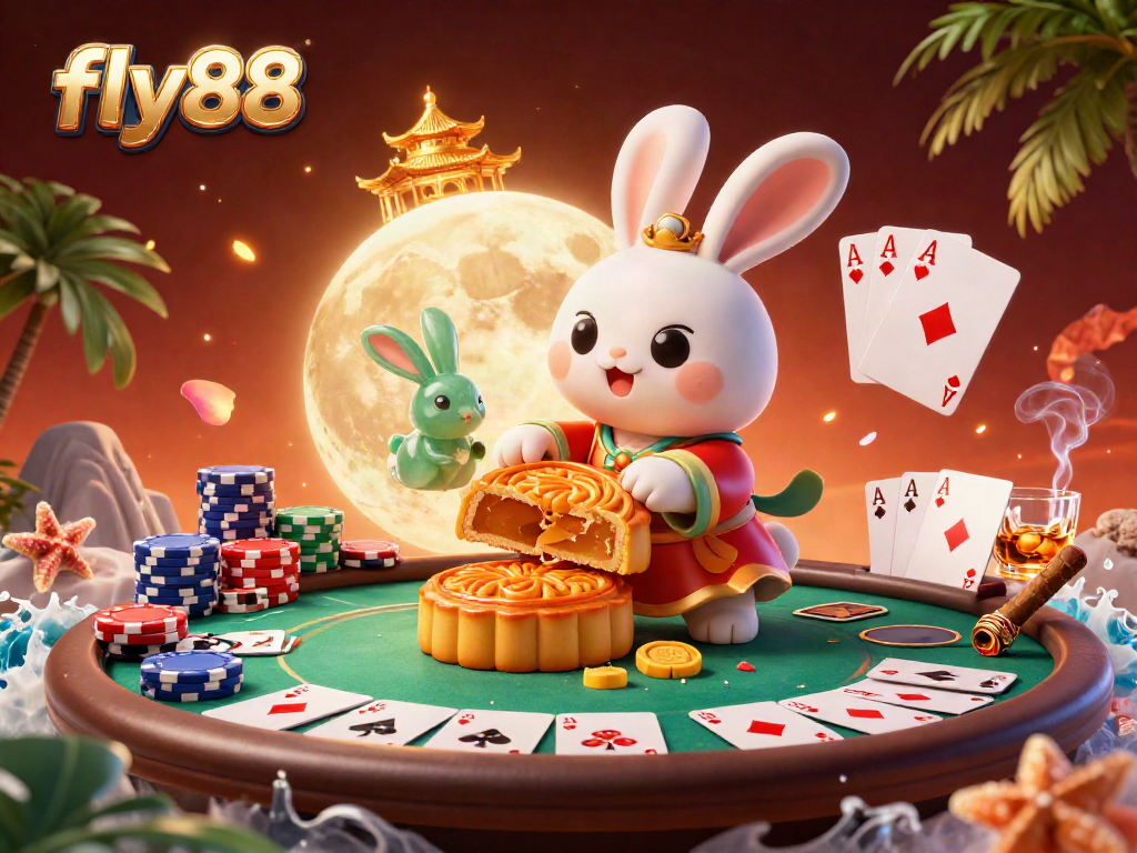Experience the excitement of fly88 as the moon rabbit reveals poker treasures amidst a vibrant casino scene.