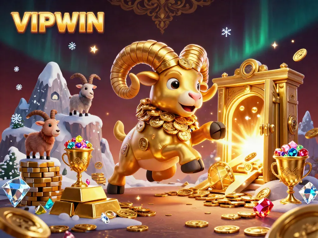 Experience high-stakes gaming at VIPWIN with a golden ram charging through treasure, representing exciting jackpots.