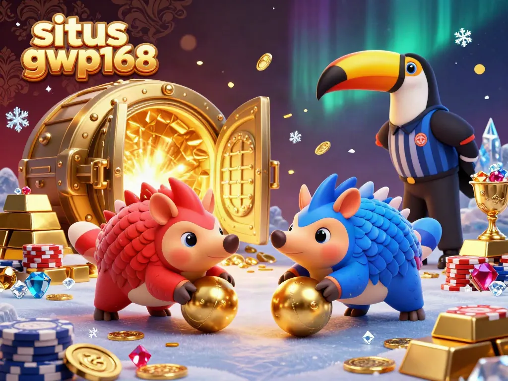 Gambarkan situs gwp168 dengan pangolin bergulir di atas chip poker, dikelilingi harta karun berkilauan.