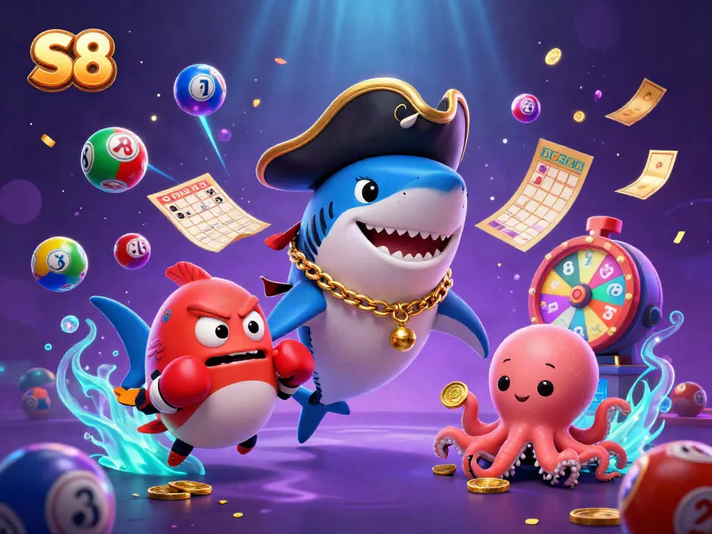 S8 showcases a vibrant scene with a shark, pufferfish, and octopus surrounded by dynamic lottery elements.