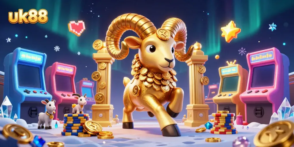 Engaging uk88 gambling scene with dynamic cartoon ram and arcade games, showcasing casino excitement.