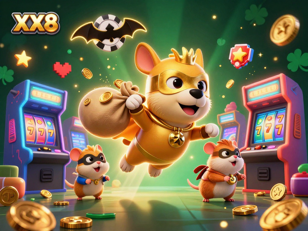 Experience adventures in casino gaming with XX8, featuring a heroic dog and hamster amidst vibrant slot reels and poker symbols.