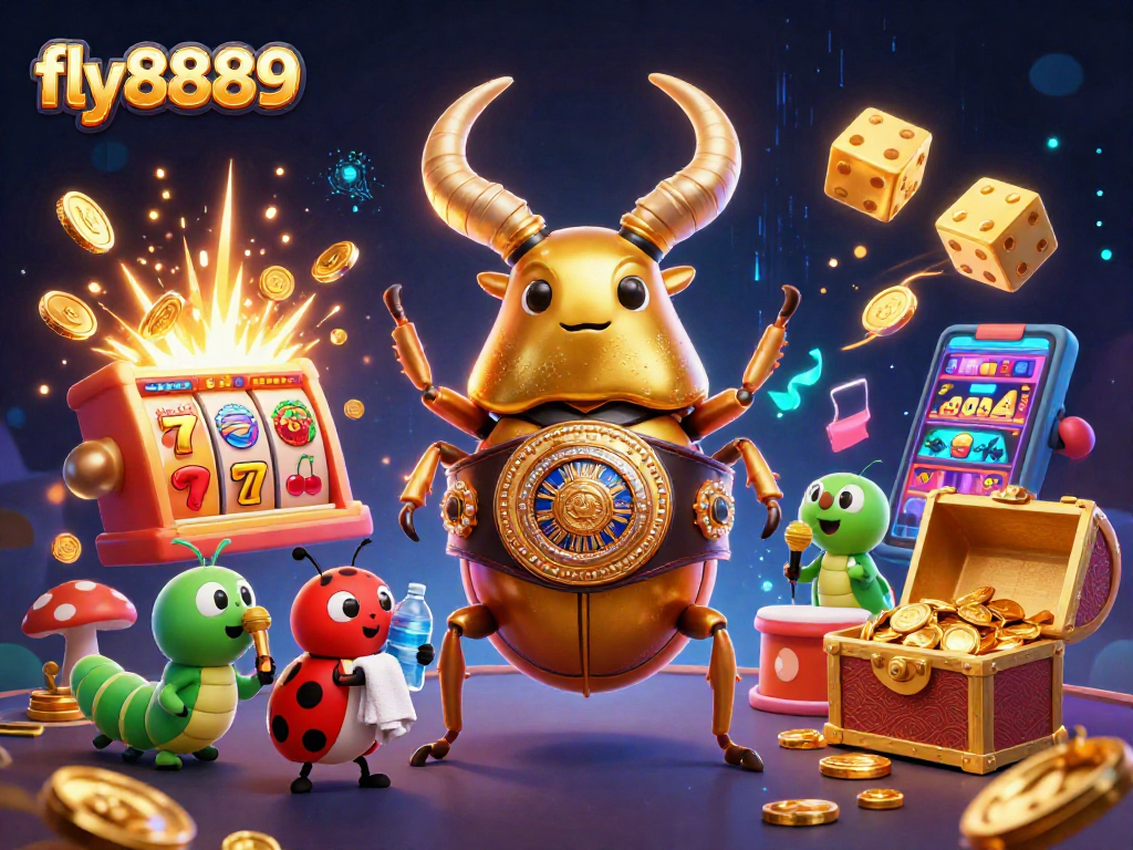 Engage in thrilling jackpot action with fly8889, featuring a giant golden stag beetle and exciting casino elements.