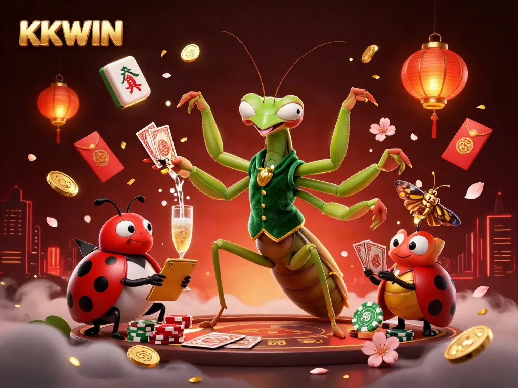 KKWIN showcases a vibrant casino scene with a giant mantis card sharp, ladybug pit boss, and dynamic game elements.