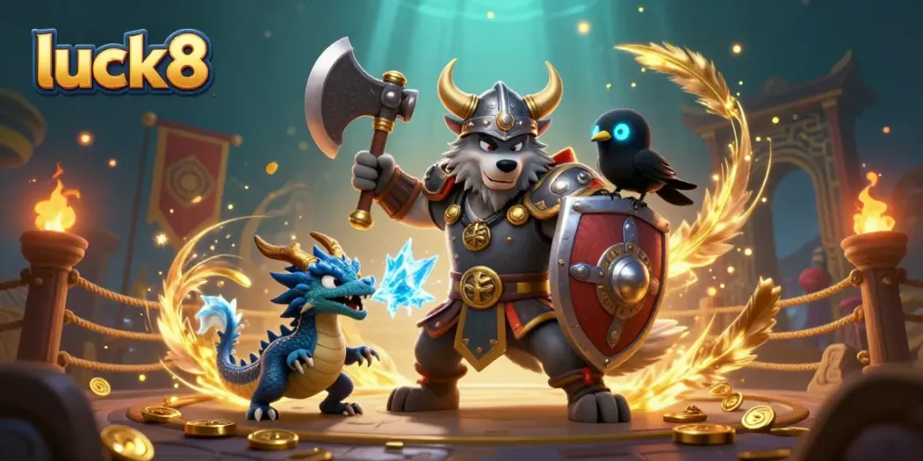 Engage with luck8 as a Viking wolf warrior battles alongside a fierce dragon in a vibrant casino-themed scene.