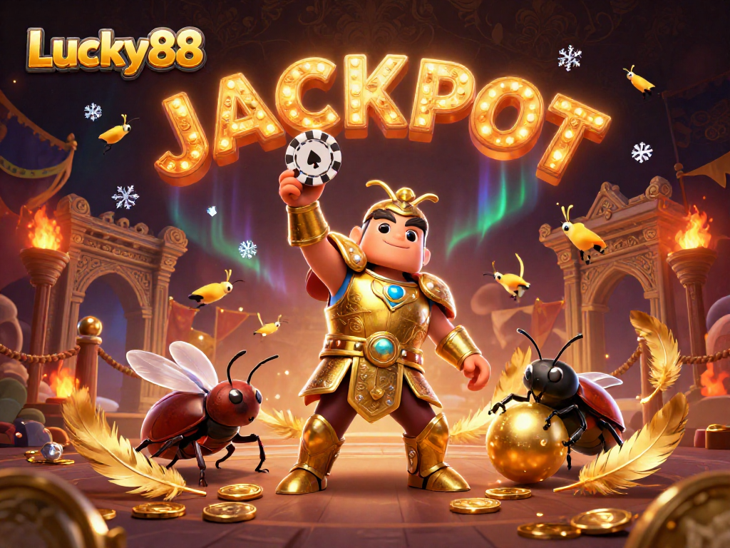 Win big at Lucky88 with a herculean beetle achieving victory under a dazzling jackpot atmosphere.