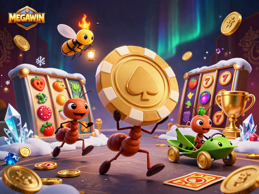 Engage in the MEGAWIN adventure with cartoon ants and slot reels in this dynamic heist scene.