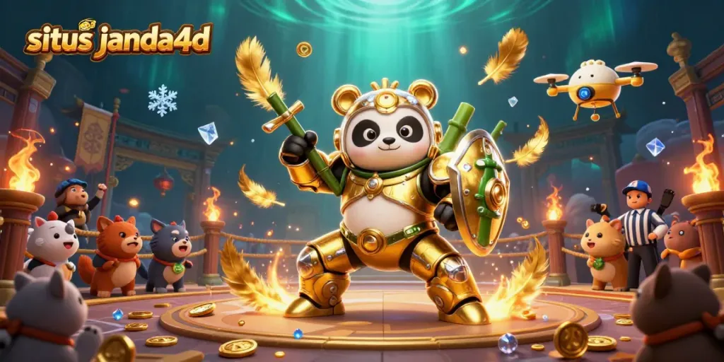 Menuju situs janda4d, panda emas berperang di arena bertema kasino penuh keceriaan.