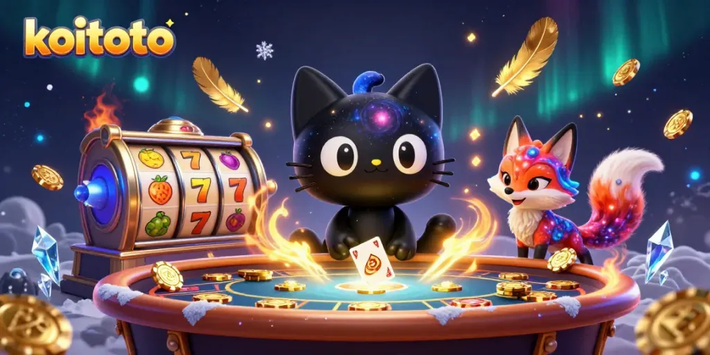 Koitoto membawa keberuntungan dengan karakter kucing hitam dan rubah nebula yang menarik keripik emas di kasino.