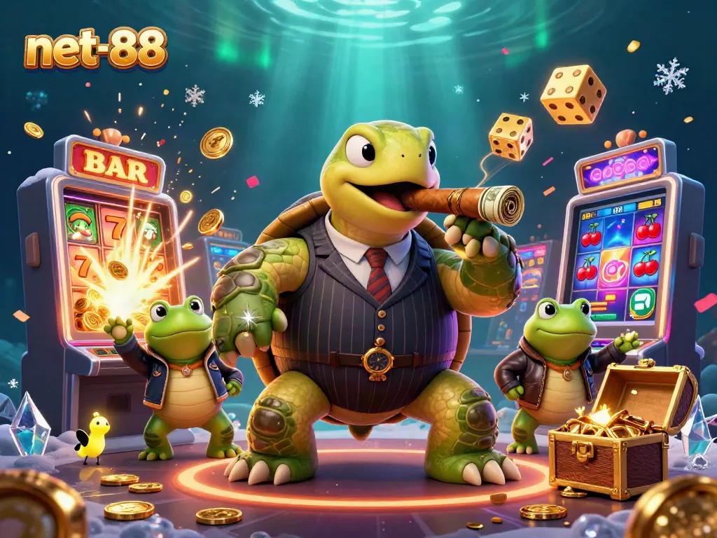Engaging net-88 casino scene with a turtle in a mobster suit and energetic bullfrog enforcers.