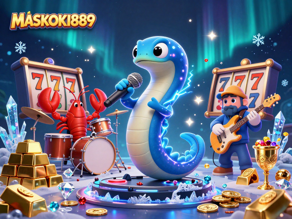 Experience dynamic gameplay with MASKOKI889, where the electric eel performs alongside casino-themed characters.