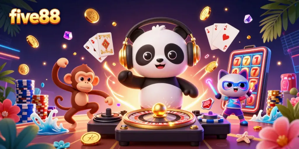 Engage in thrilling five88 casino action with a DJ panda, breakdancing monkey, and vibrant gaming elements.