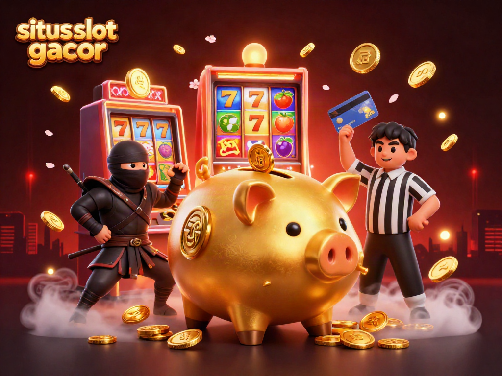 Ilustrasi 3D situs slot gacor dengan karakter menarik dan mesin slot berwarna-warni.