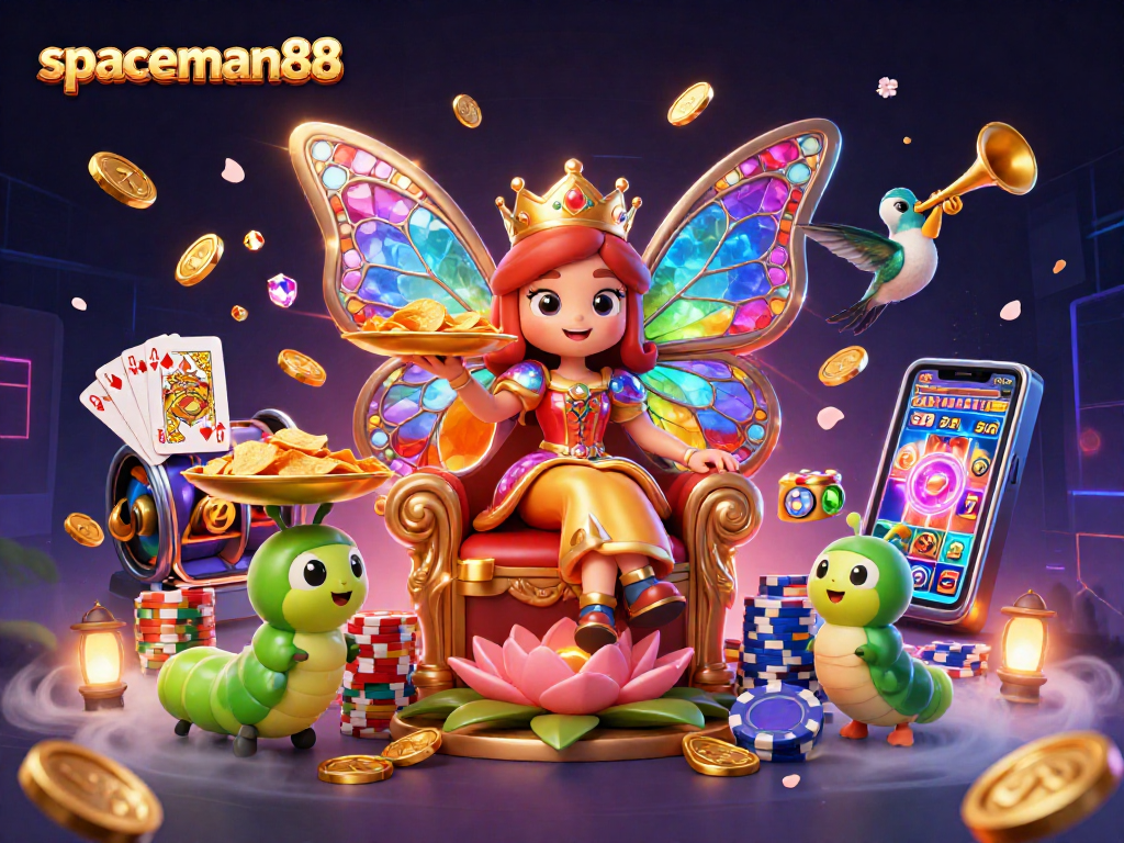 Experience the excitement of spaceman88 with vibrant slot games and colorful characters in a magical casino scene.