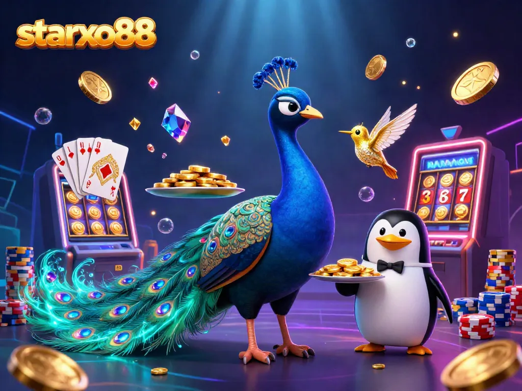Engage with vibrant casino fun at starxo88 with playful peacock and lively gaming atmosphere.