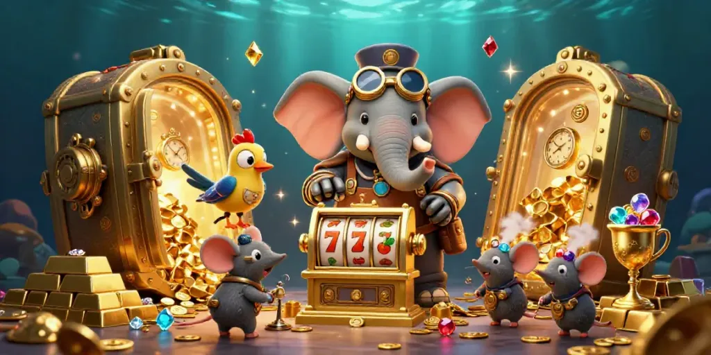 Janda4D menarik perhatian dengan mesin slot emas yang dikelola oleh gajah insinyur steampunk.
