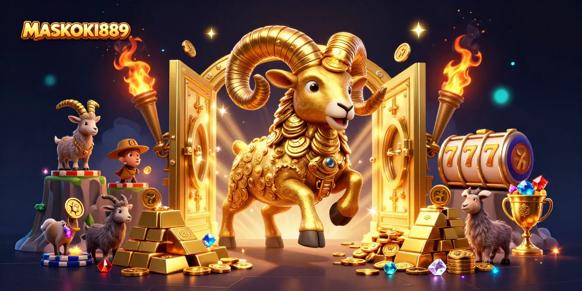 Engage in thrilling gameplay at MASKOKI889 with a dynamic casino scene featuring a golden ram.