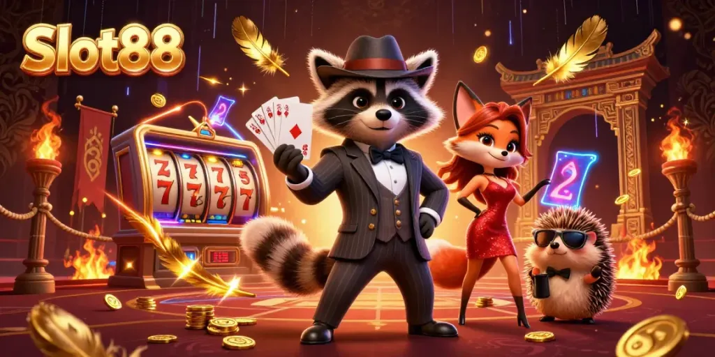 Visualisasi Slot88 dengan rakun elegan, rubah berkilau, dan landak pengawal di latar belakang kasino.