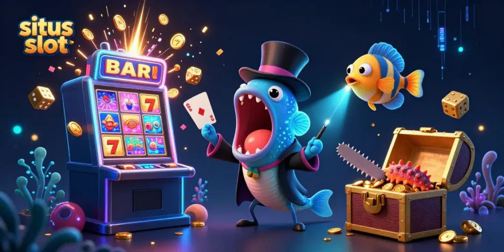 Situs slot illustration showcasing a vibrant underwater casino scene with a magic eel and jackpot symbols.