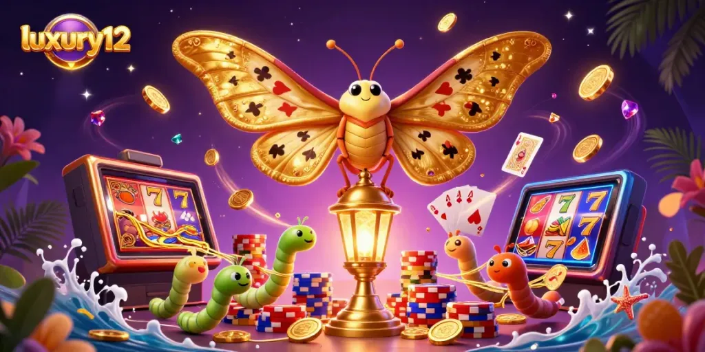 Melihat simbol slot beruntung di luxury12 dengan koin emas berkilau dan permainan kartu